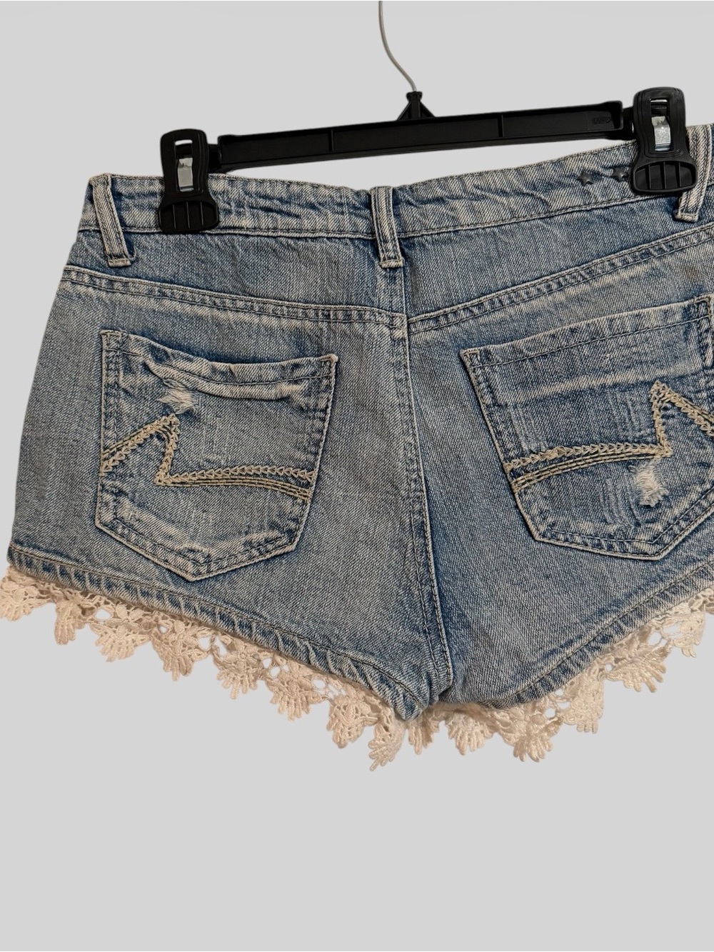 Vanilla Star Light Blue Distressed Denim Shorts with Cream Crochet Hem - Picture 4 of 5